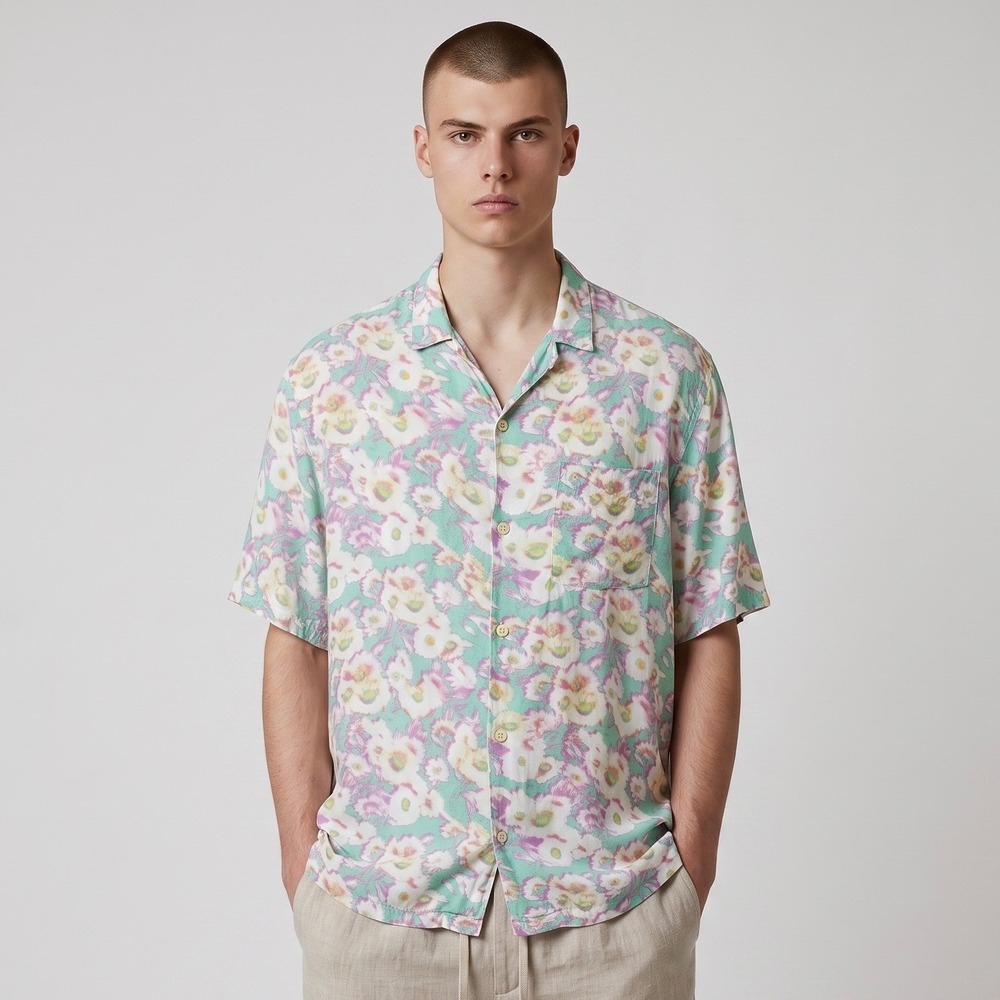 AllSaints Florax Shirt L Mens Pastel Floral Relaxed Fit Camp Collar Hawaiian